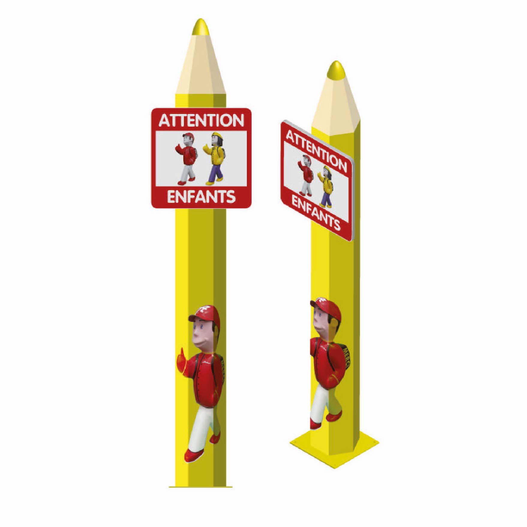 TOTEM GROS CRAYON FIBRE AVEC PANNEAU "ATTENTION ENFANTS"