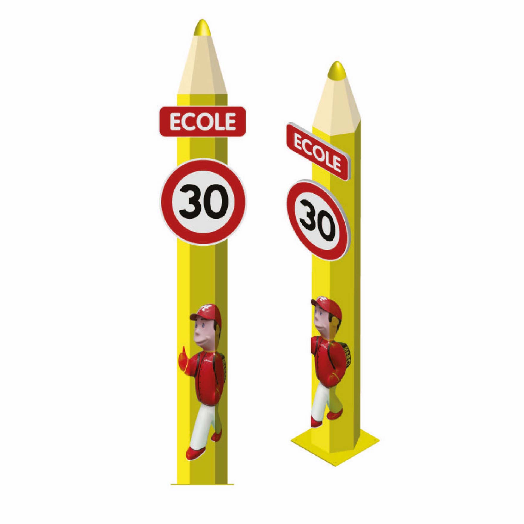 TOTEM GROS CRAYON FIBRE AVEC PANNEAU " ÉCOLE " ET " 30 "