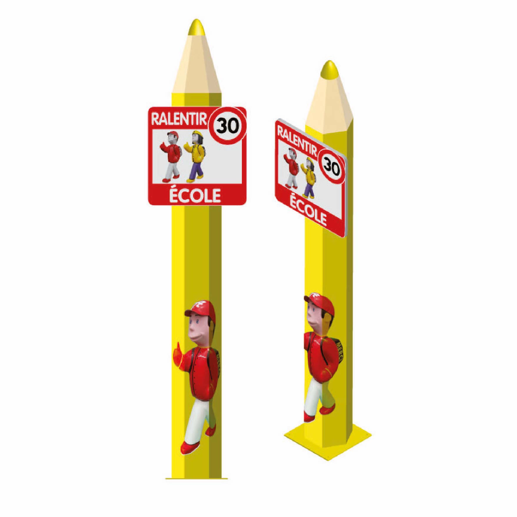 TOTEM GROS CRAYON FIBRE AVEC PANNEAU "RALENTIR ÉCOLE 30"